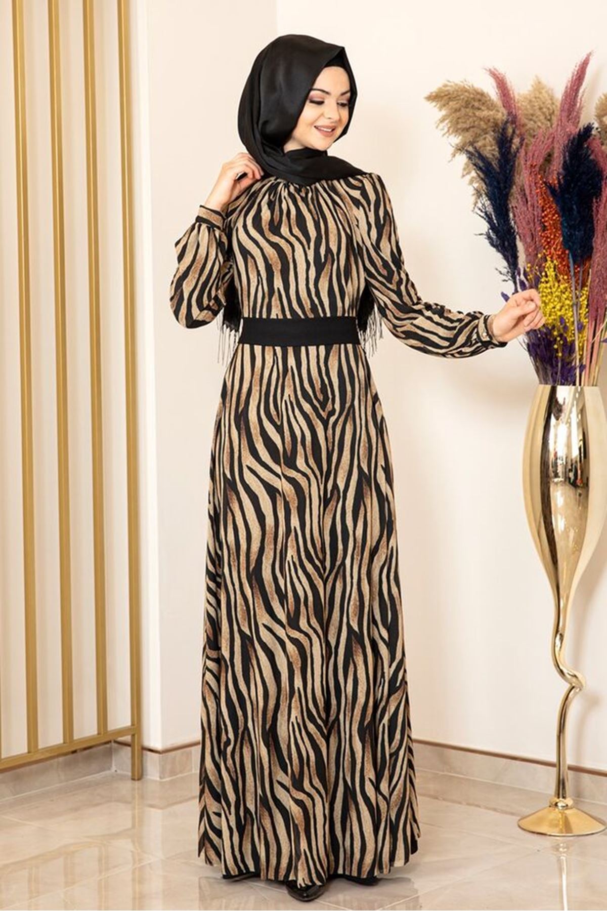 Siyah Zebra Desen Tül Elbise 
