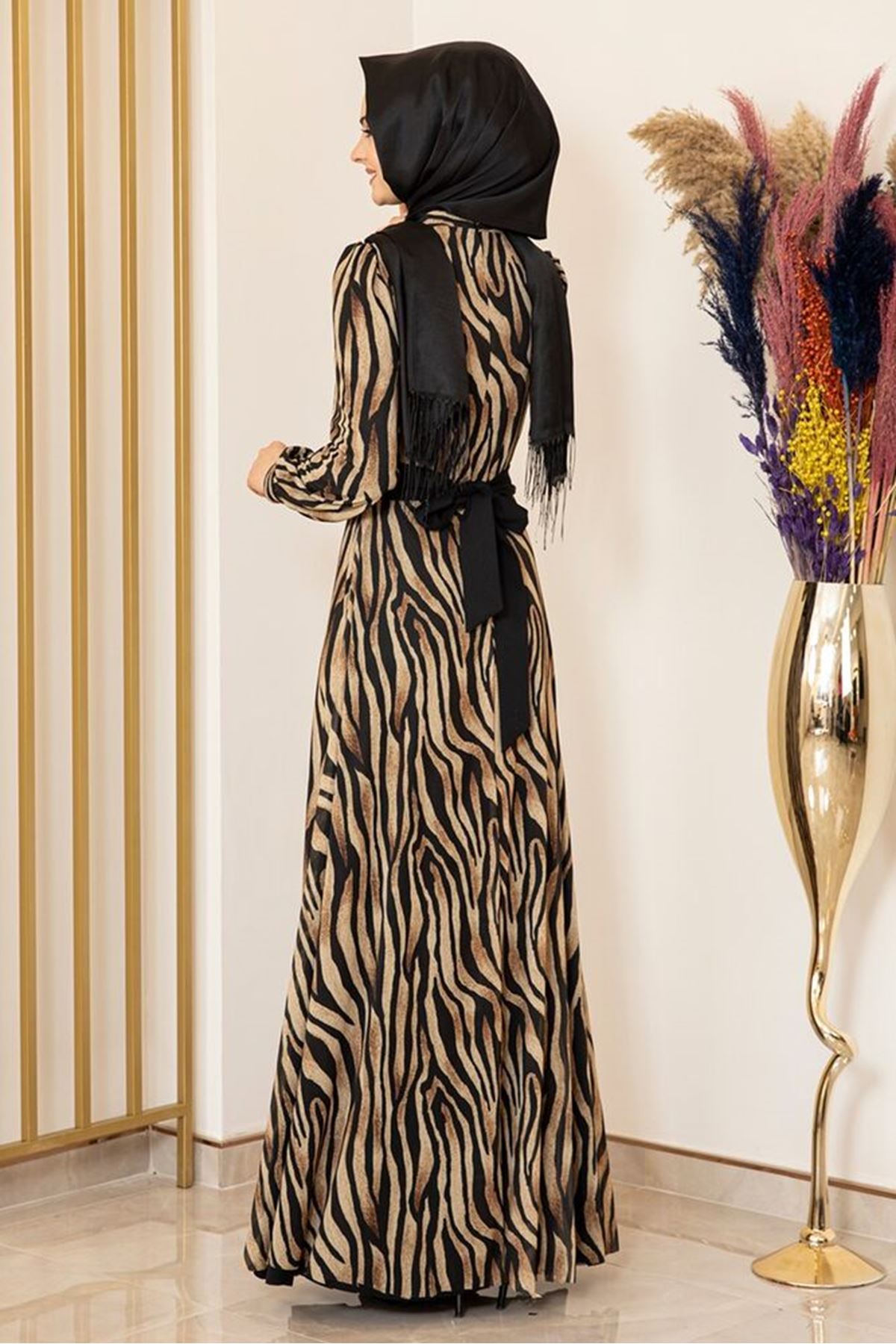 Siyah Zebra Desen Tül Elbise 